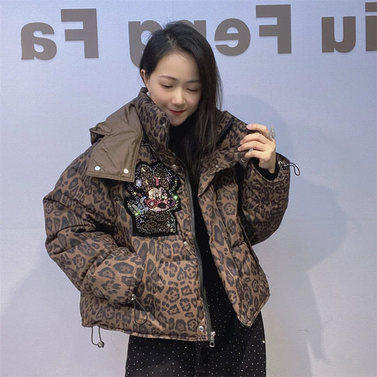 Leopard Rhinestone Hip-Hop Minnie Mouse Print Women's Quilted Cotton Down Hooded Jacket