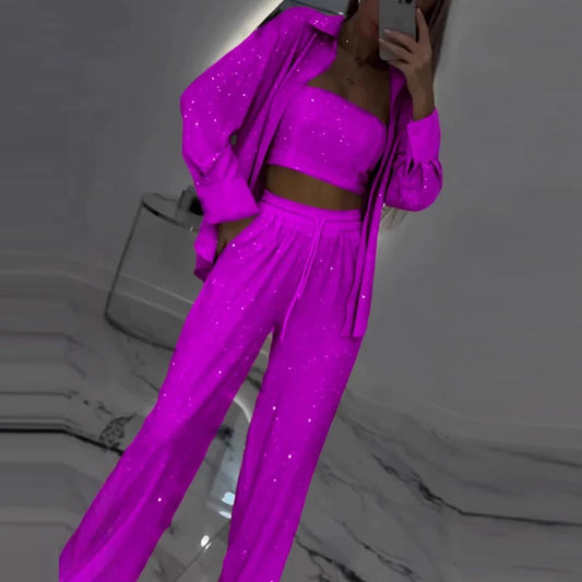Sequin Glitter Shiny Womens Strapless Tube Top & Zipper Jacket & Lace-Up Pants 3-Piece Tracksuit to 3X Plus Size