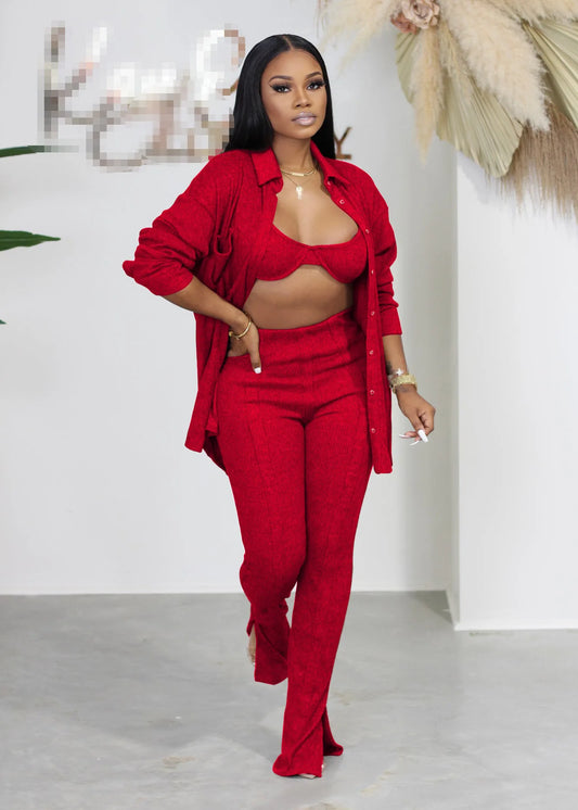 Turn-Down Collar Long Sleeve Blouse + Bra + Elastic Waist Open Slit Leggings Women's 3-Piece Set