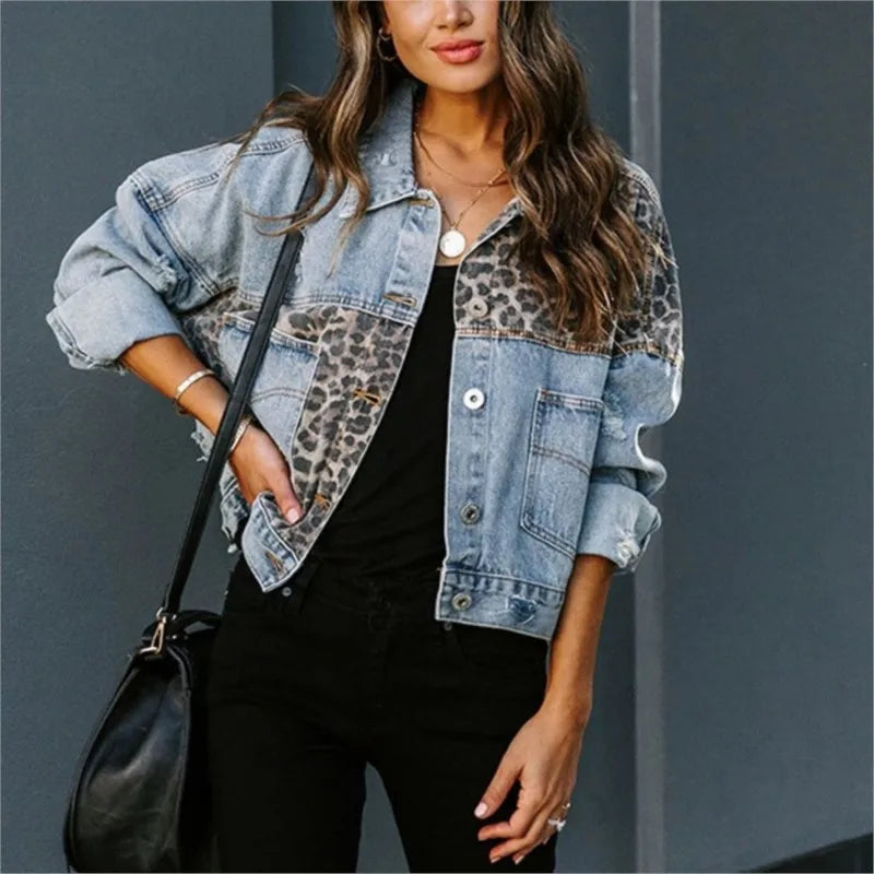 Denim Leopard Spliced Patchwork Stitched Women's Jean Jacket to 3X Plus Size