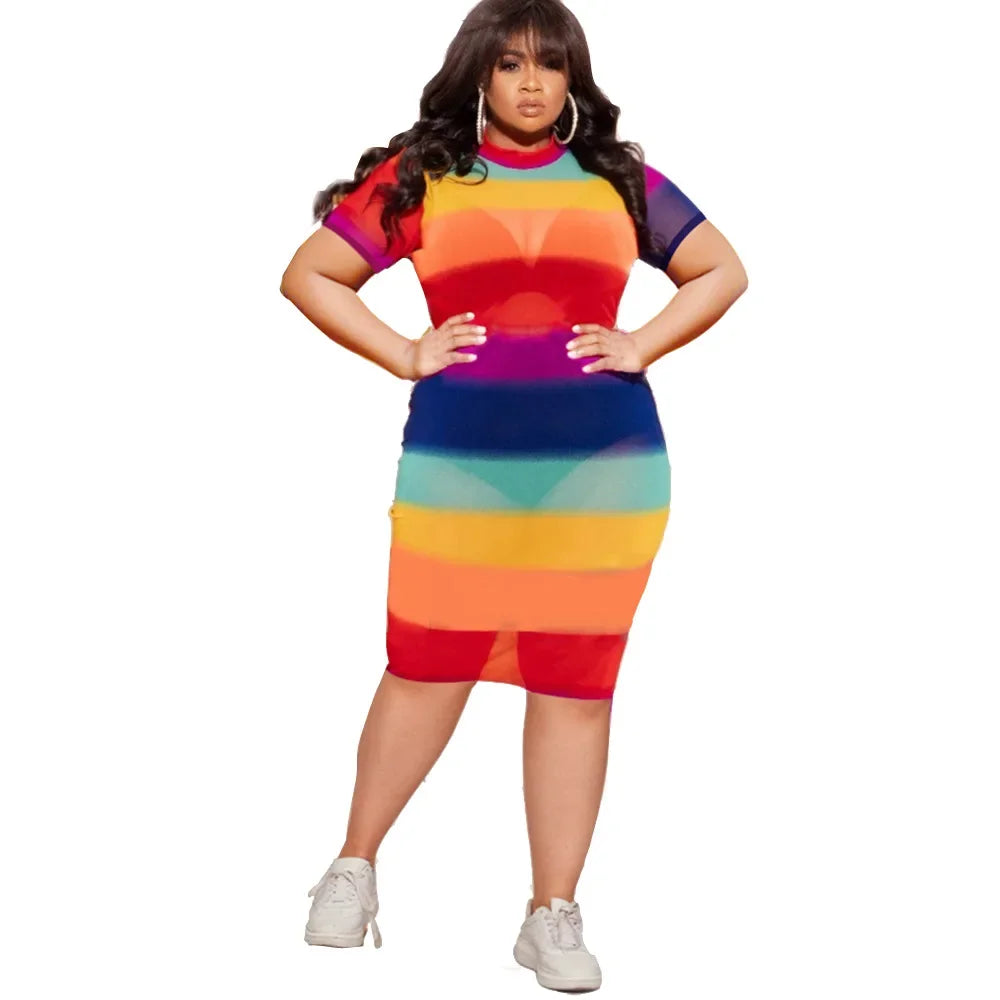 Rainbow Print Sheer Short Sleeve O-Neck Midi Dress to 4X Plus Size