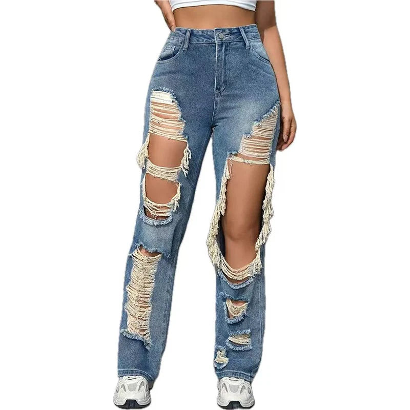 Ripped Denim Hollow-Out Washed Women's Baggy Hip-Hop Streetwear Jeans
