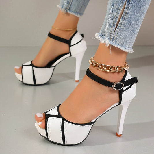 Colorblock Peep Toe Fish Mouth Buckle Strap Platform Stiletto Heel Sandal Pumps