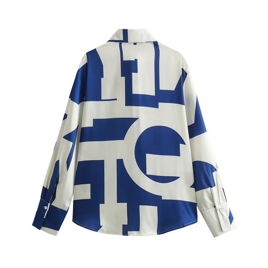 Geometric Blue/White Silk Texture Printed Women's Turn-Down Collar Button-Up Blouse + Drawstring Loose Elastic Waist Pants 2-Piece Set