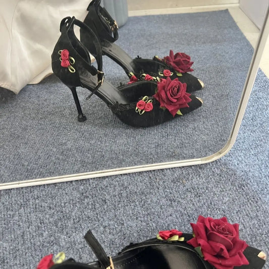 Red/Black Rose Flower Embellished Women's Pointed Toe Pumps