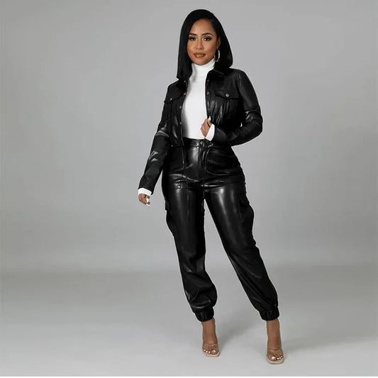 Faux Leather Women's Long Sleeve Single Breasted Zipper Jacket + Solid Button Fly Pencil Cargo Pocketed Pants 2-Piece Set
