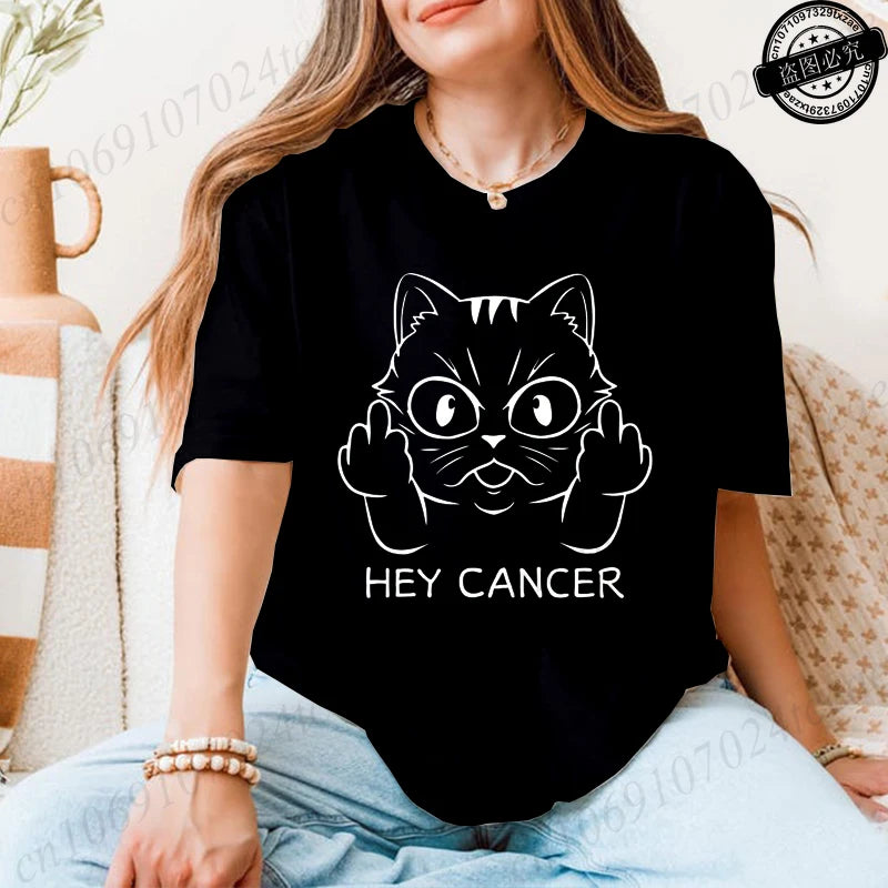 "Hey Cancer" 3D Cat Print Breast Cancer Awareness T-Shirt to 3X Plus Size