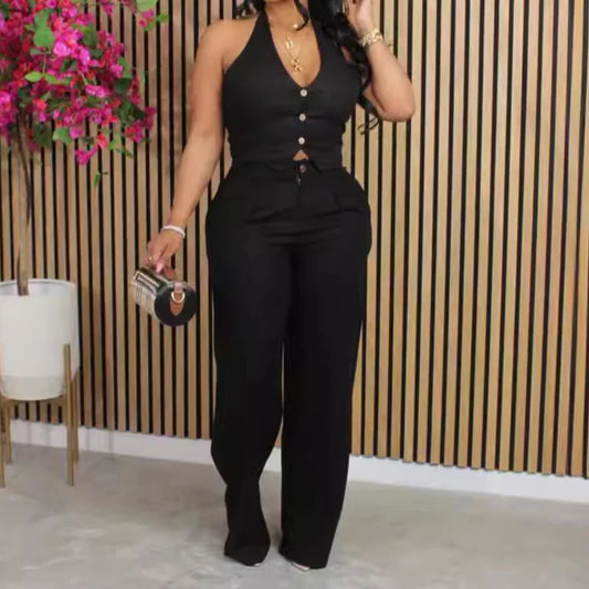 Sleeveless Solid Color Vest Top + Women's Trouser Pants 2-Piece Set