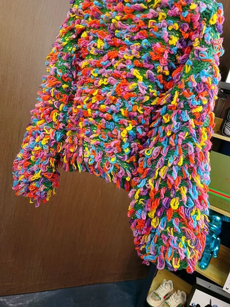 Fringe Crochet Rainbow Colored O-Neck Knitted Women's Sweater