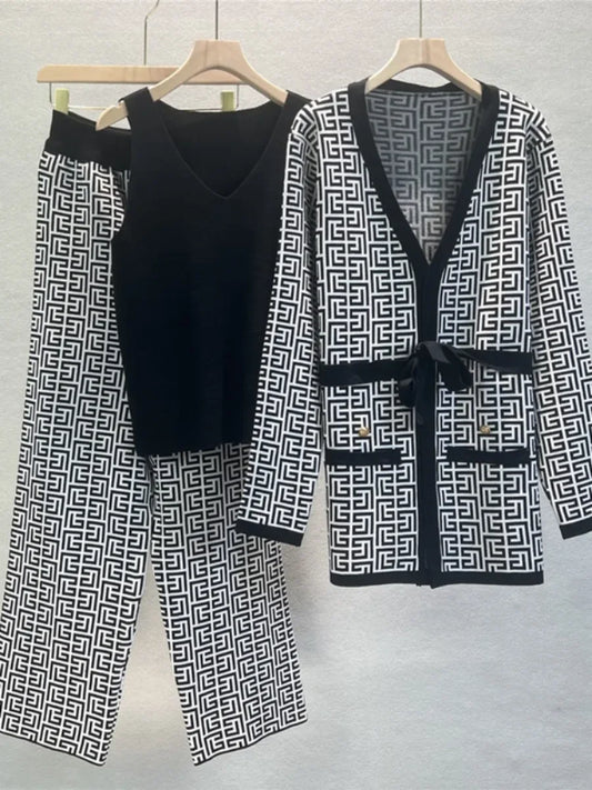 Geometric Monogram Print, Design, Sash Belt Maxi Sweater + Knitted Solid Tank Top + Elastic Waist Pants Women's 3-Piece Set