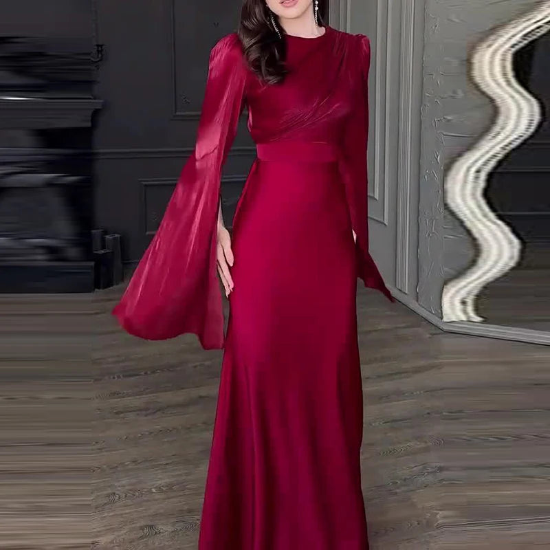 Mesh Patchwork O-Neck High Slit Long Flared Sleeve Solid Color Party Evening Formal Maxi Dress