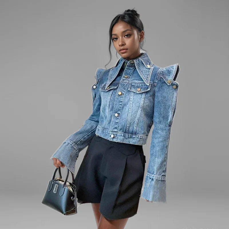 Vintage Denim Faded Washed Hollow-Out Shoulder Long Sleeve Turn-Down Collar Women's Jean Jacket