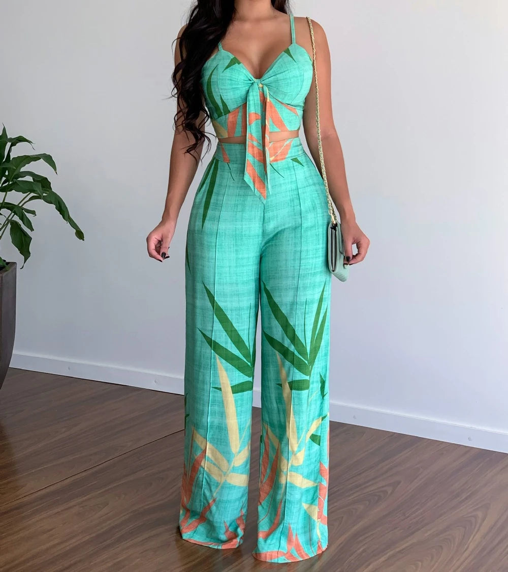 Tropical Print Hollow-Out Temperament Sleeveless Floral Print Cami Crop Top & Straight Leg Pants Women's 2-Piece Set