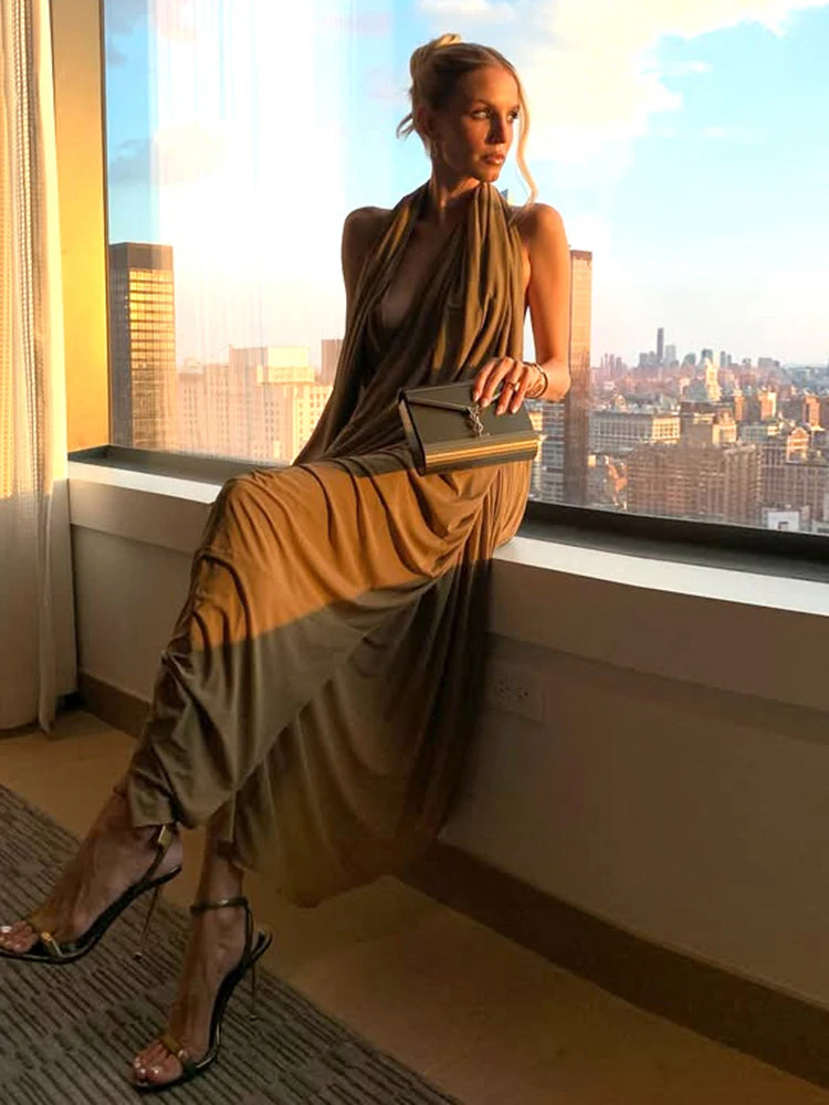 Brown Draped Sleeveless Backless Irregular Hem Solid Color Maxi Dress