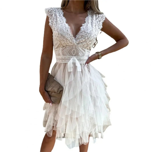 Crochet Lace Mesh Sleeveless Hollow-Out A-Line Midi Formal Party Dress
