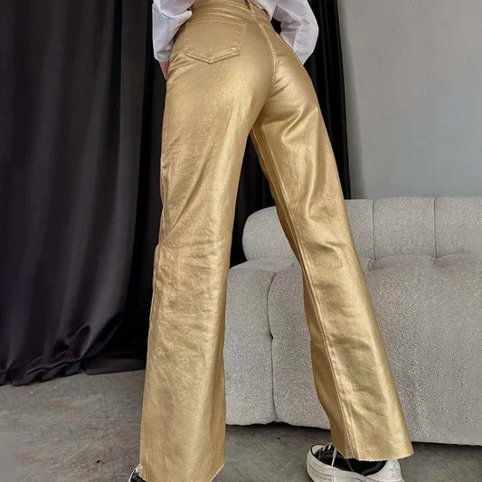 Metallic Faux Leather High Waist Solid Color Straight Leg Women's Pants