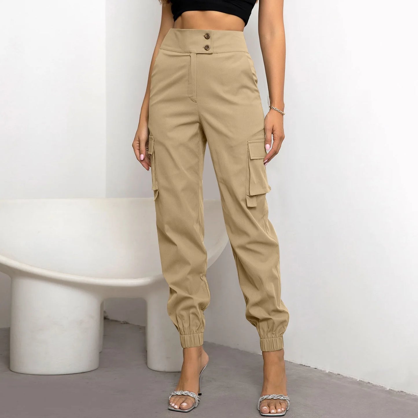 Women's Button Front Solid Color Cargo Pocket Elastic Waist Harem Pants