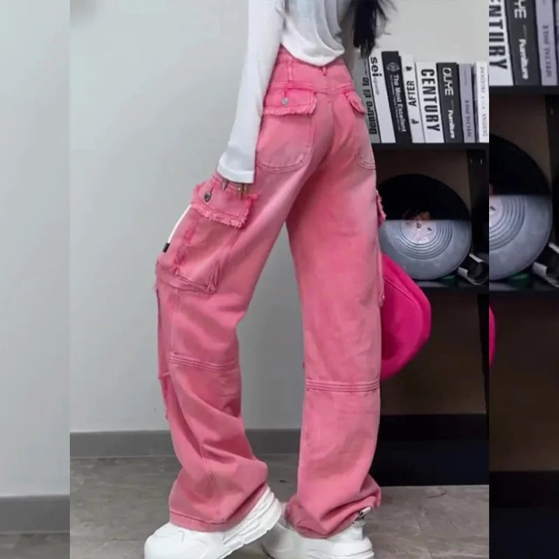 Pink Trouser Loose Ripped Washed Cargo Pocketed Women's Jeans