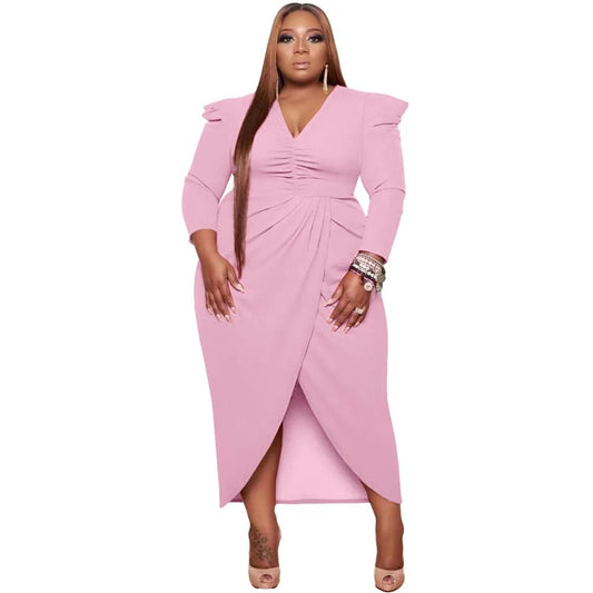 Ruched Long Sleeve Deep V-Neck Bodycon Wrapped Front Slit Dress to 5X Plus Size