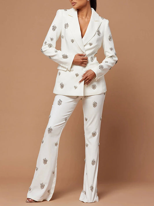 Patchwork Diamond Notched Collar Long Sleeve Blazer + High Waist Flared Pants Women's Formal Suit