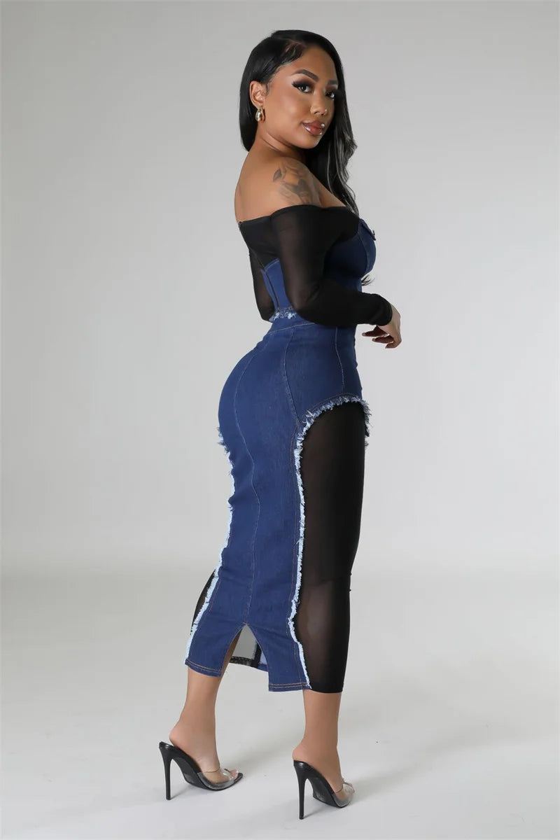 Mesh Patchwork Denim Womens Clubwear Slash Neck Crop Top + Long Skirt Matching 2-Piece Sets