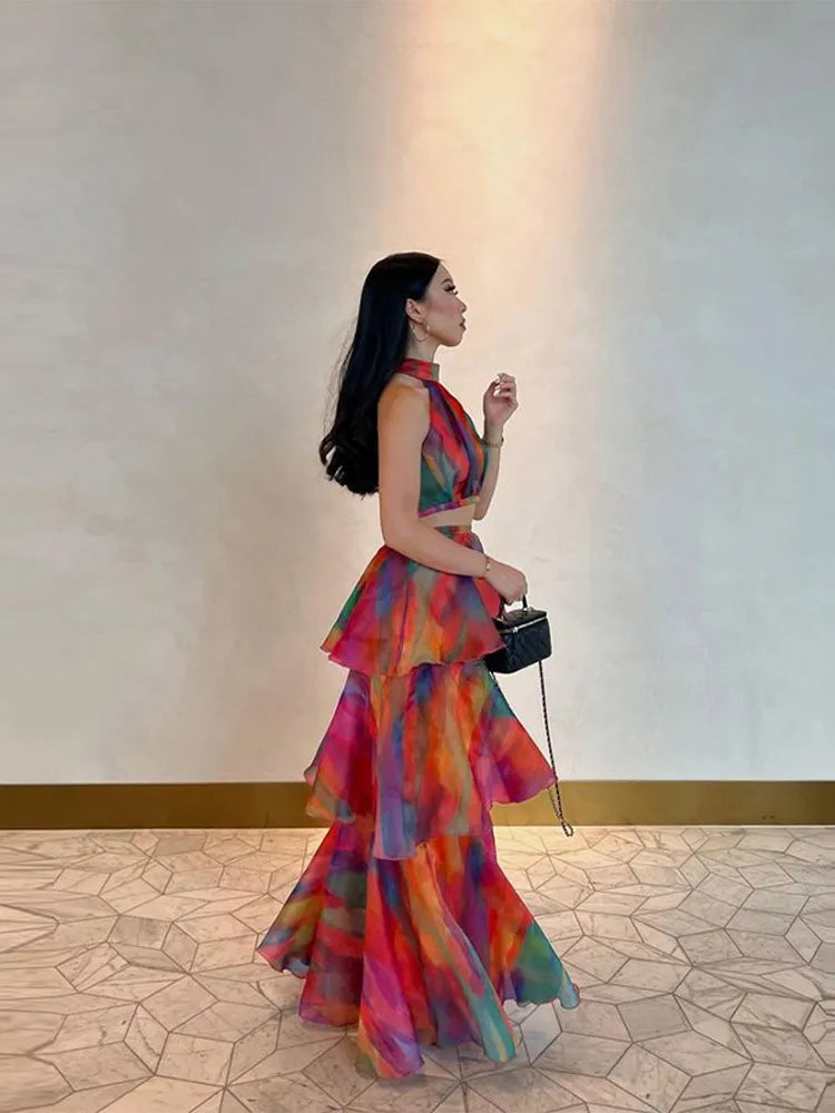 Rainbow Floral Print Stacked Ruffled Hem Halter Sleeveless High Waist Hollow-Out Maxi Formal Party Dress