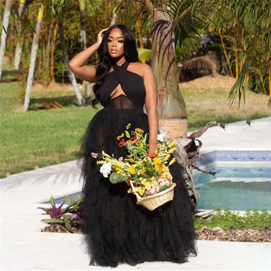 Chiffon Tulle Solid Color Halter Sleeveless High Waist Formal Floor-Length Party/Prom Dress