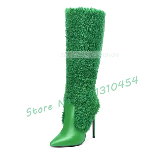 Green Wool Leather Spliced Women's Pointed Toe Stiletto Heel Side Zipper Knee-High Boots