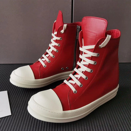Unisex Genuine Leather Solid Color Lace-Up High Top Side Zipper Sneakers
