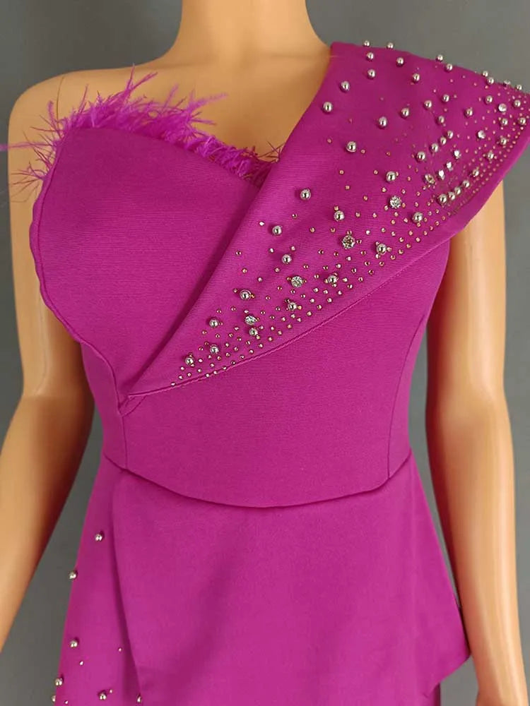 Strapless Rivet Feather Collar Design Sleeveless Women's Solid Color Formal Party Jumpsuit