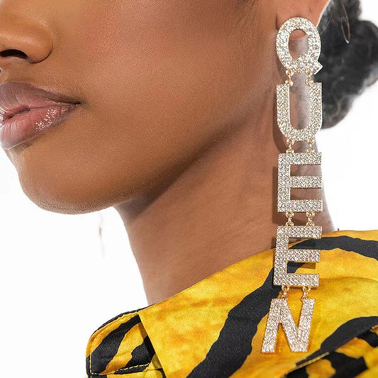 Oversized "Queen" Long Geometric Rhinestone Letter Print Drop Earrings