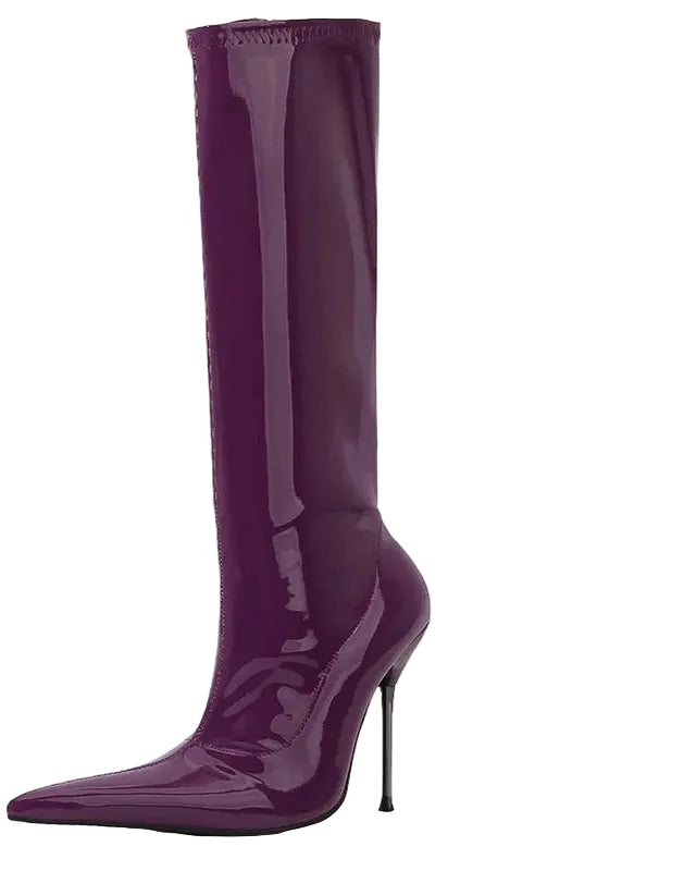 Patent Leather Solid Color Knee-High Pointed Toe Women's Ultra Thin Stiletto Metal Heel Wide Calf Boots