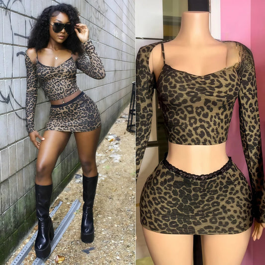 Leopard Print Long Sleeve Cropped Cardigan + Spaghetti Strap Tank Top + Mini Skirt Set