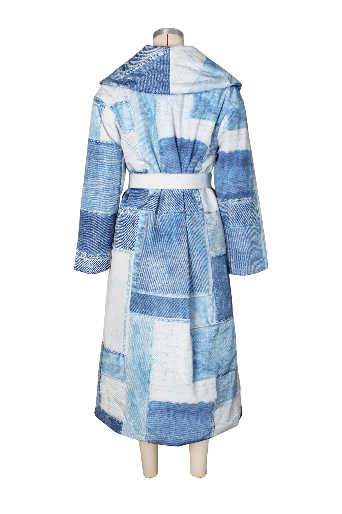 Denim Colorblock Checker Print Longline Padded Double Breasted Belted Streetwear Women's Trenchcoat