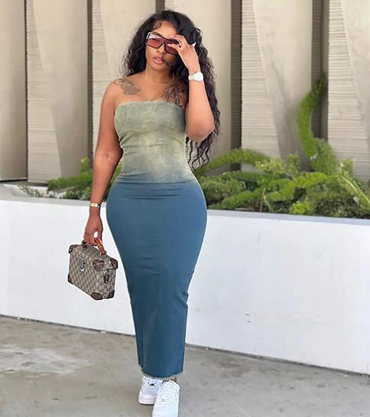 Gradient Colorblock Denim Sleeveless Backless Skinny High Slit Maxi Tube Jean Dress
