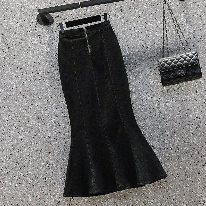 Blue/Black Denim High Slit Hip-Wrap Flared Jean Mermaid Trumpet Skirt