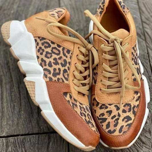 Leopard Platform Round Toe Lowtop Wedge Lace-Up Women's Sneakers
