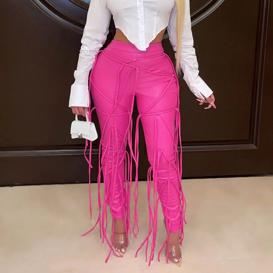 Faux Leather Streetwear Hanging Fringe Tassel Detail Solid Color High Waist Women's Skinny Pants