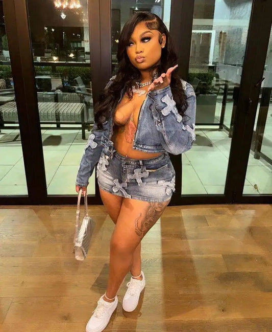 Denim Cross Embroidered Cropped Jean Jacket + Cargo Mini Jean Skirt Women's 2-Piece Set