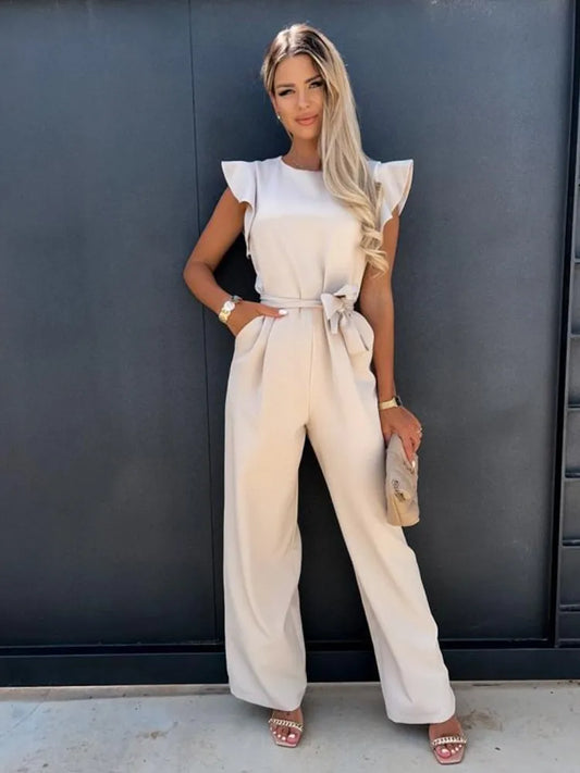Ruffled Short Butterfly Sleeve Solid Wide Leg Vintage Elastic Waist Jumpsuit