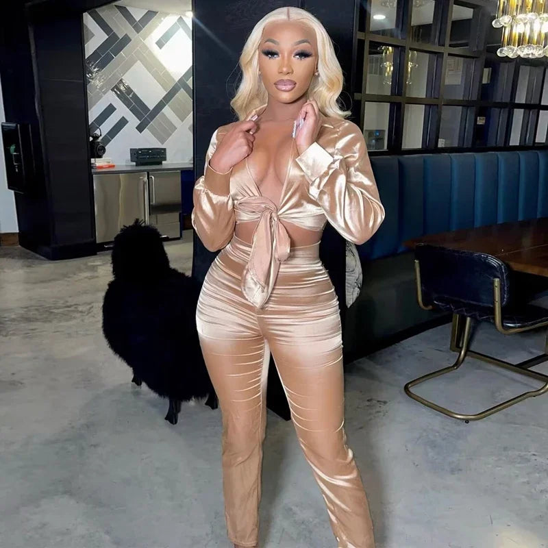 Satin Long Sleeve Lace-Up Cropped Turn-Down Collar Blouse + Solid Color Skinny Pants Women's 2-Piece Set