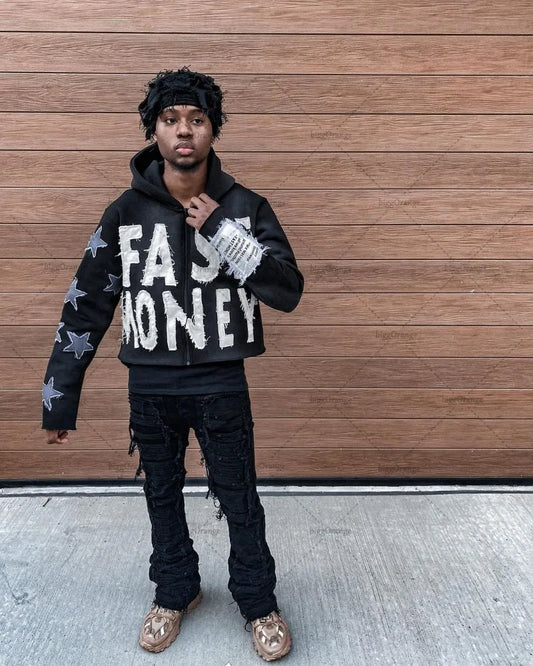 Embroidered "FAST MONEY" Men's Retro Casual Loose Oversized Hip Hop Zipper Hoodie Sweatshirt