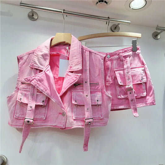 Retro Denim Cargo Big Pocketed Cropped Jacket + Mini Skirt 2-Piece Set