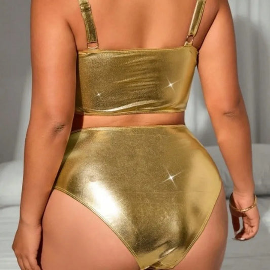 Gold Shiny Metallic Faux Leather Adjustable Strap 2-Piece Bikini Swimsuit to 4X Plus Size