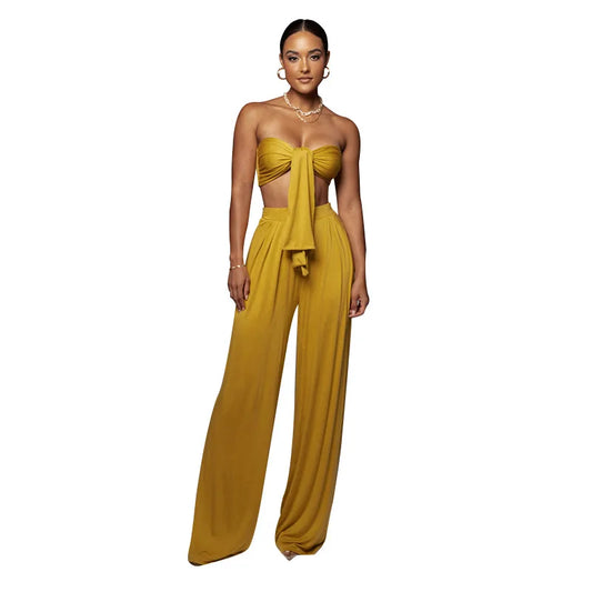 Sleeveless Bowknot Design Tube Top+ Wide Leg Pants Women's Solid Color 2-Piece Set