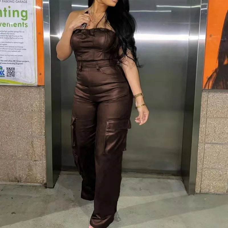 Sleeveless PU Leather Tube Top Design Solid Color Strapless Cinched Waist Streetwear Women's Cargo Multi-Pocketed Jumpsuit