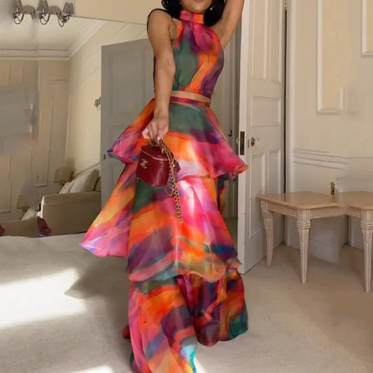 Rainbow Floral Print Stacked Ruffled Hem Halter Sleeveless High Waist Hollow-Out Maxi Formal Party Dress