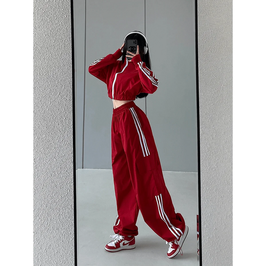 Red/White Turtleneck Women's Striped Sports Zipper Jacket + Side Striped Joggers Tracksuit