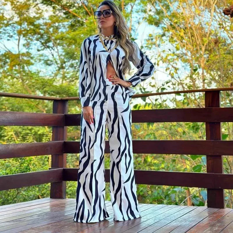 Big Flower/Zebra Print Women's Turn-Down Collar Long Sleeve Blouse + Wide Leg Pants 2-Piece Set