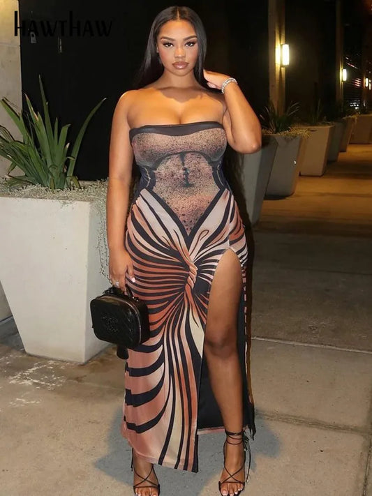Geometric Swirl Striped Pattern Strapless Sleeveless Bodycon High Slit Maxi Tube Dress